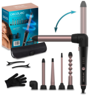 Cecotec SurfCare MultiWaves 5-in-1 Hair Curler — Ceramic Coated Interchangeable Heads (25 mm, 19 mm, 8 mm, 25–13 mm Conical, Spherical), Adjustable Temperature 140–200 °C, 90° Angled Head for Ergonomi